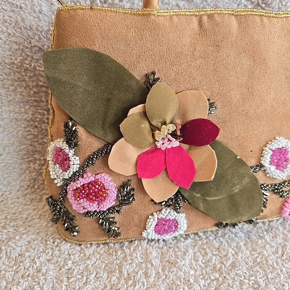 C. Marie Beaded Purse Handbag‎ Brown Suede Floral Design Boho Colorful